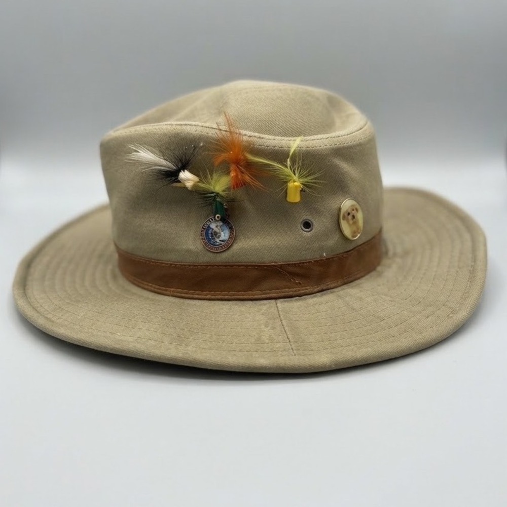 Dorfman Pacific Co DPC Khaki Cotton Safari Fishing Hat Fly Lures Medium Dad Hat